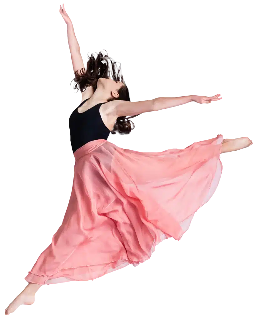 Female dancer in a black top and flowing pink skirt leaping gracefully in mid-air